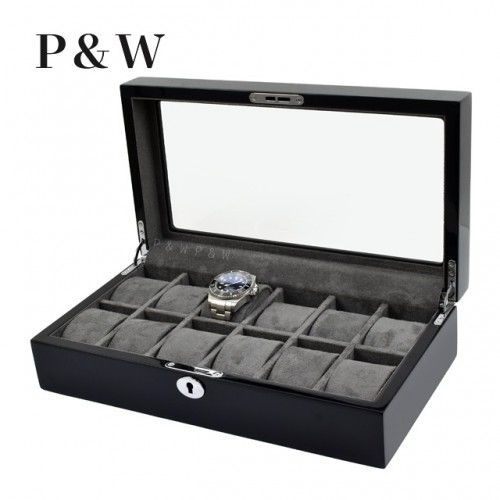 P&W 木質鋼烤 玻璃鏡面 手錶收藏盒 (12支裝)
