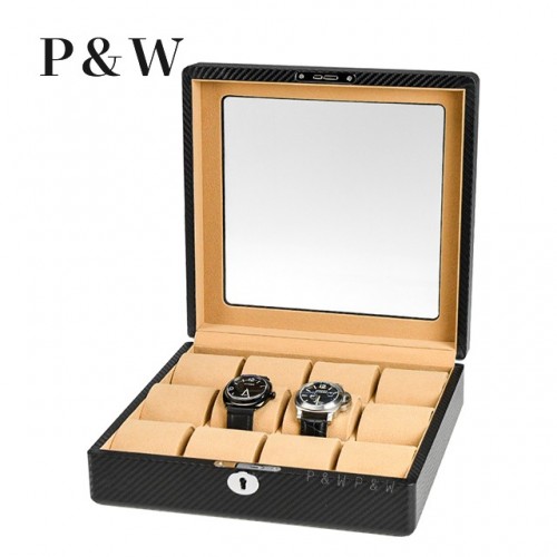 P&W 玻璃鏡面 碳纖維紋手錶收藏盒 (12支裝加大款)