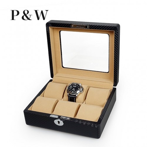 P&W 玻璃鏡面 碳纖維紋手錶收藏盒 (6支裝加大款)