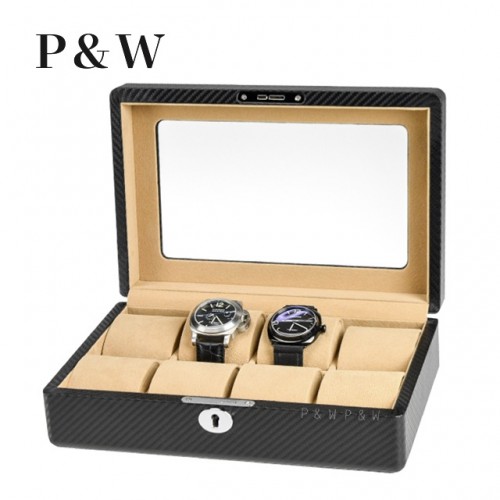 P&W 玻璃鏡面 碳纖維紋手錶收藏盒 (8支裝加大款)