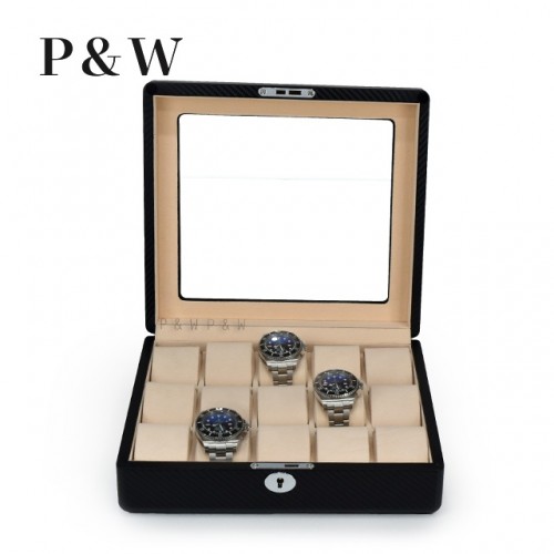 P&W 玻璃鏡面 碳纖維紋手錶收藏盒 (15支裝)