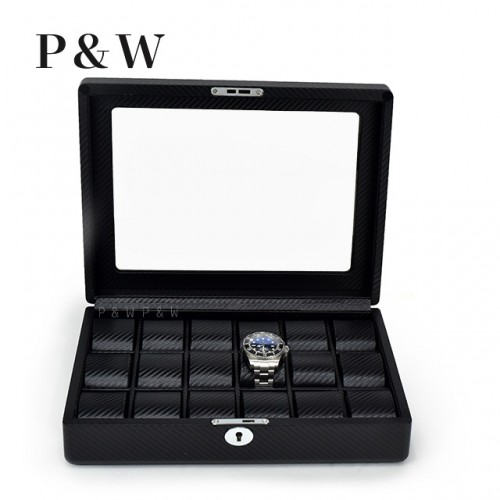 P&W 玻璃鏡面 碳纖維紋手錶收藏盒(18支裝)